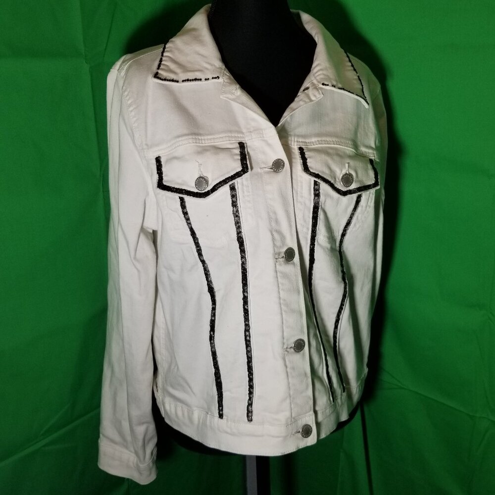 Just USA Women XL White Denim Button Up Jacket Jeweled Piping Western Cowgirl‎